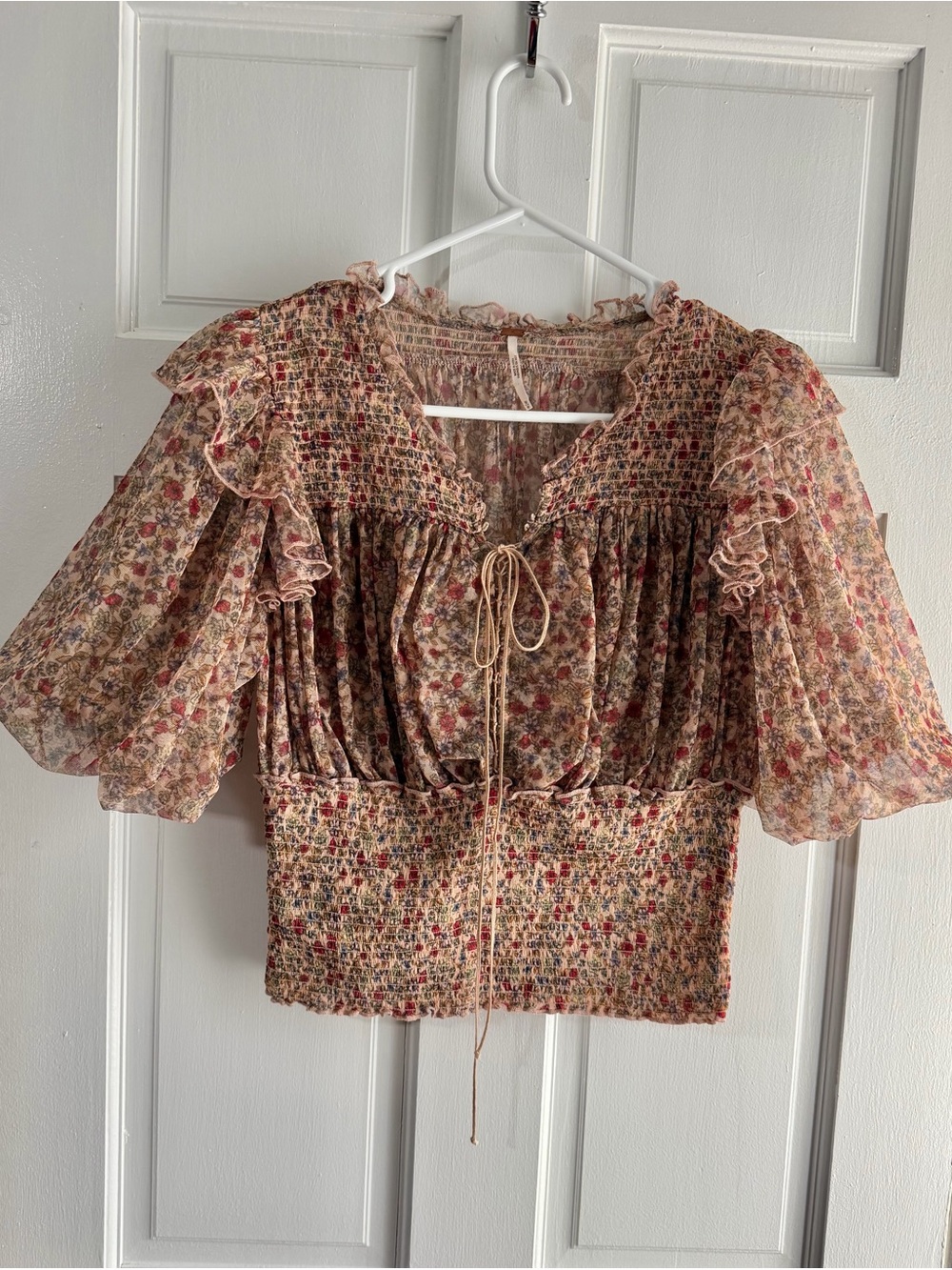 Free People Sheer Floral Smocked Blouse - Beige with Red & Green